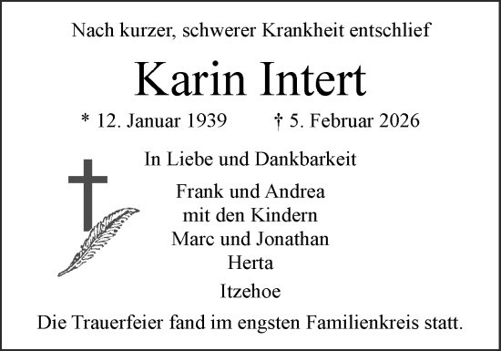 Traueranzeige von Karin Intert von Norddeutsche Rundschau, Wilstersche Zeitung, Glückstädter Fortuna
