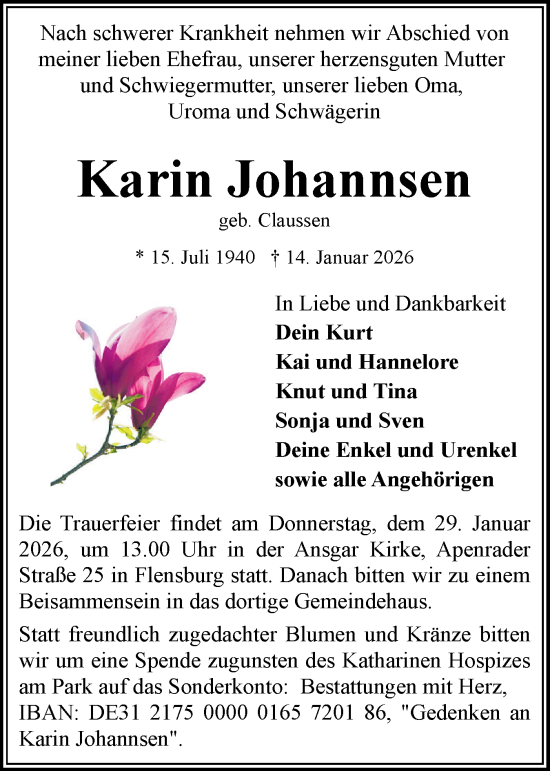 Traueranzeige von Karin Johannsen von Flensburger Tageblatt
