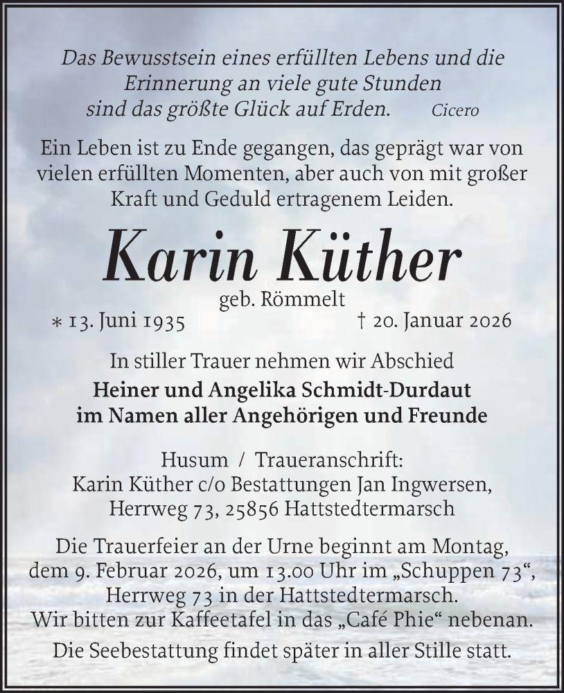  Traueranzeige für Karin Küther vom 24.01.2026 aus Husumer Nachrichten, Nordfriesland Tageblatt