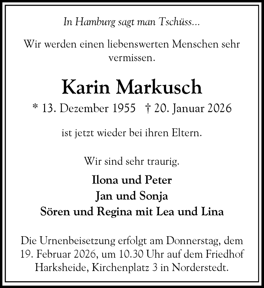  Traueranzeige für Karin Markusch vom 14.02.2026 aus Heimatspiegel