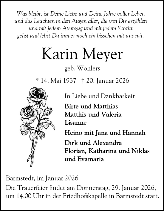 Traueranzeige von Karin Meyer von Elmshorner Nachrichten, Barmstedter Zeitung
