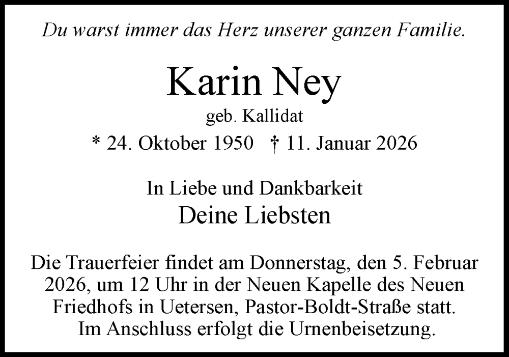  Traueranzeige für Karin Ney vom 24.01.2026 aus Uetersener Nachrichten, Der tip am Wochenende