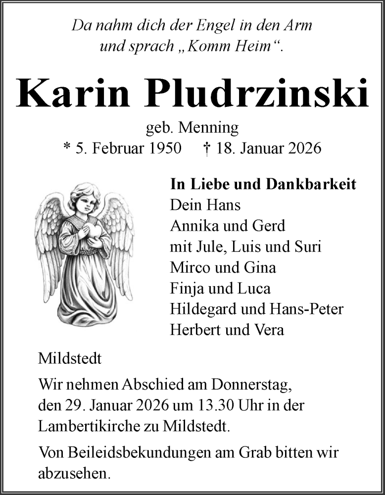  Traueranzeige für Karin Pludrzinski vom 24.01.2026 aus Husumer Nachrichten, Nordfriesland Tageblatt
