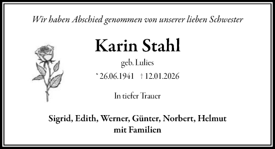 Traueranzeige von Karin Stahl von MARKT Bad Oldesloe/Reinfeld und Stormarner Tageblatt