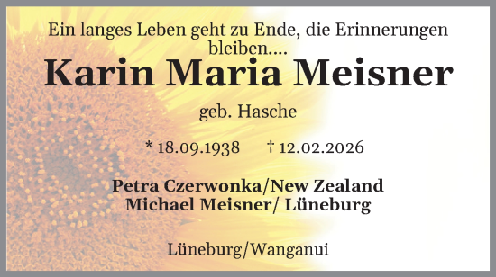 Traueranzeige von Karin Maria Meisner von Husumer Nachrichten, Nordfriesland Tageblatt