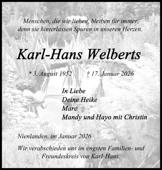 Traueranzeige von Karl-Hans Welberts von Schleswig-Holsteinische Landeszeitung