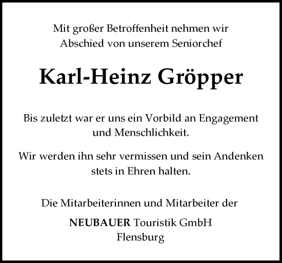 Traueranzeige von Karl-Heinz Gröpper von Flensburger Tageblatt