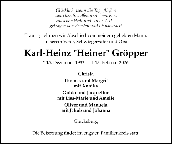Traueranzeige von Karl-Heinz Gröpper von Flensburger Tageblatt, Schleswiger Nachrichten, Schlei-Bote