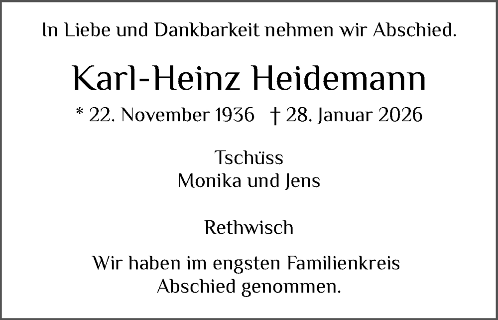  Traueranzeige für Karl-Heinz Heidemann vom 07.02.2026 aus Norddeutsche Rundschau, Wilstersche Zeitung, Glückstädter Fortuna
