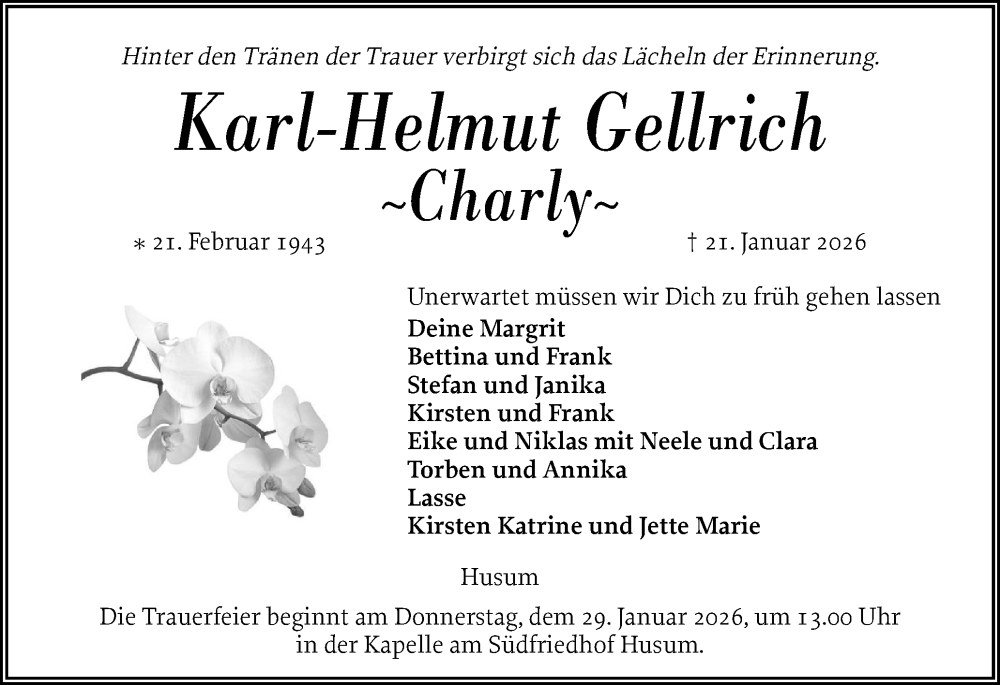  Traueranzeige für Karl-Helmut Gellrich vom 24.01.2026 aus Husumer Nachrichten, Nordfriesland Tageblatt
