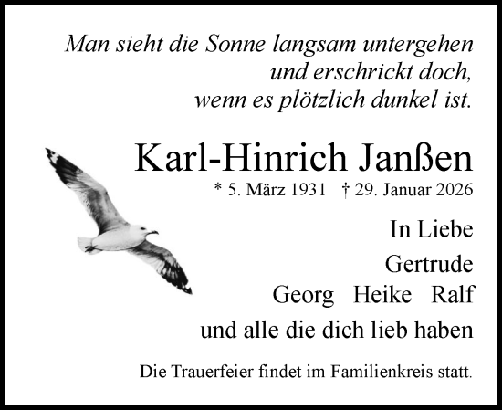 Traueranzeige von Karl-Hinrich Janßen von Region Pinneberg und tip Pinneberg