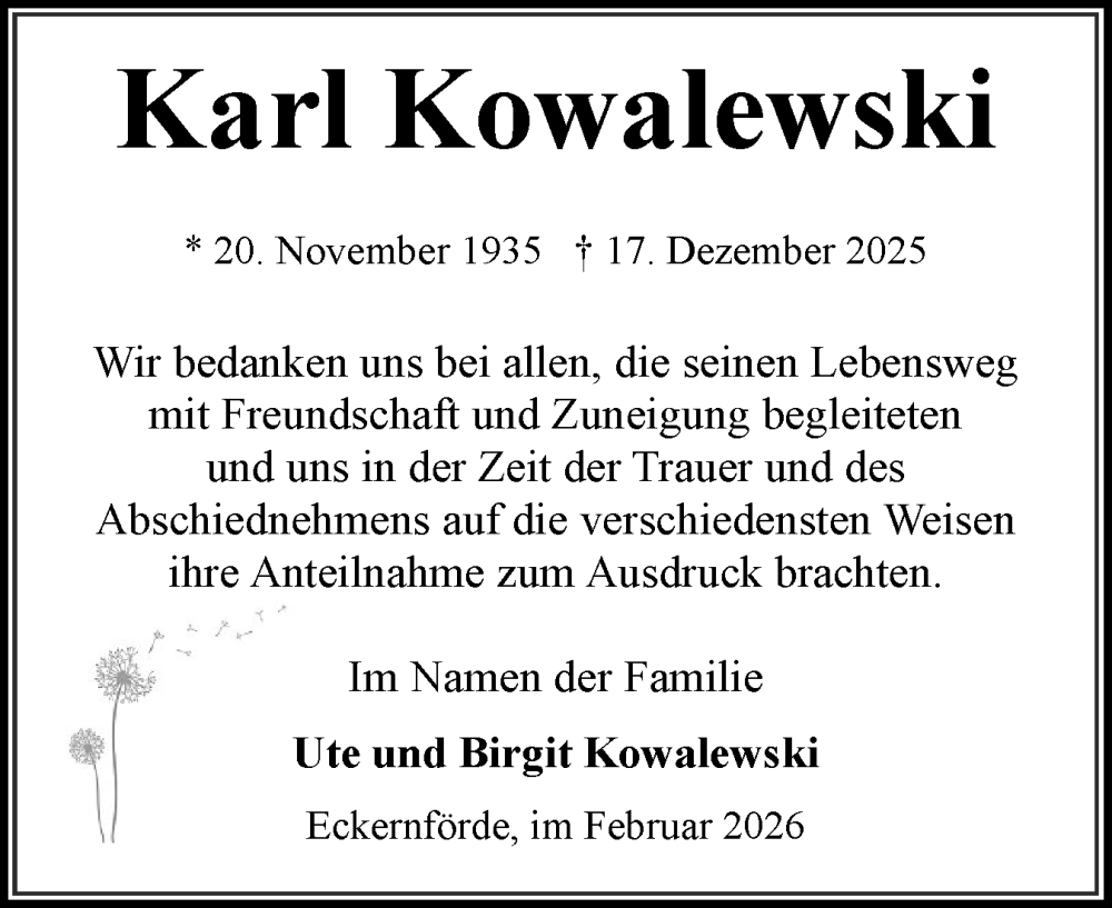  Traueranzeige für Karl Kowalewski vom 14.02.2026 aus Eckernförder Zeitung, Hallo Eckernförde