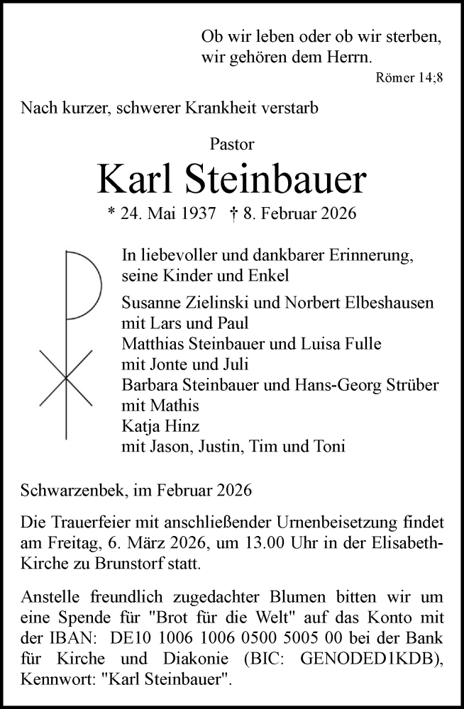  Traueranzeige für Karl Steinbauer vom 21.02.2026 aus Wochenend Anzeiger