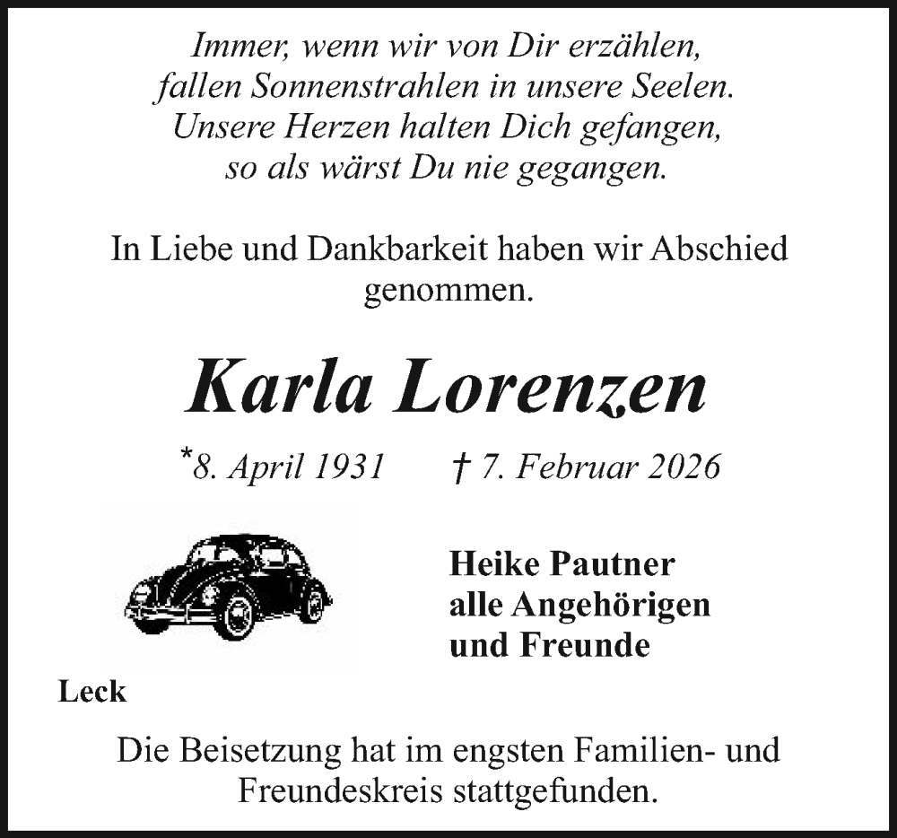  Traueranzeige für Karla Lorenzen vom 21.02.2026 aus Husumer Nachrichten, Nordfriesland Tageblatt