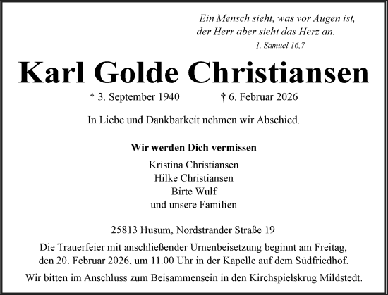 Traueranzeige von Karl Golde Christiansen von Husumer Nachrichten, Nordfriesland Tageblatt