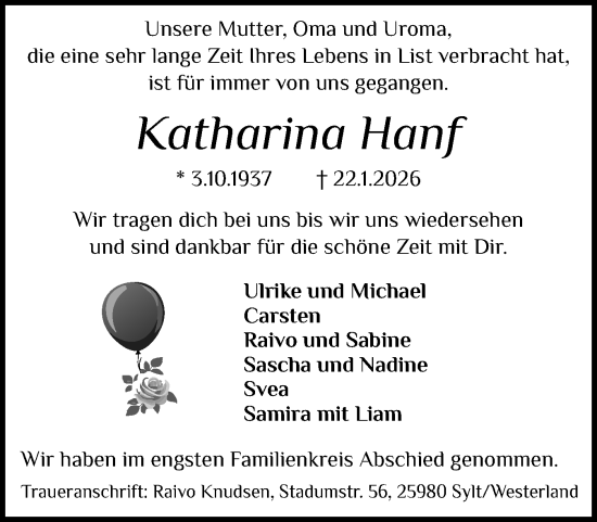 Traueranzeige von Katharina Hanf von Sylter Rundschau