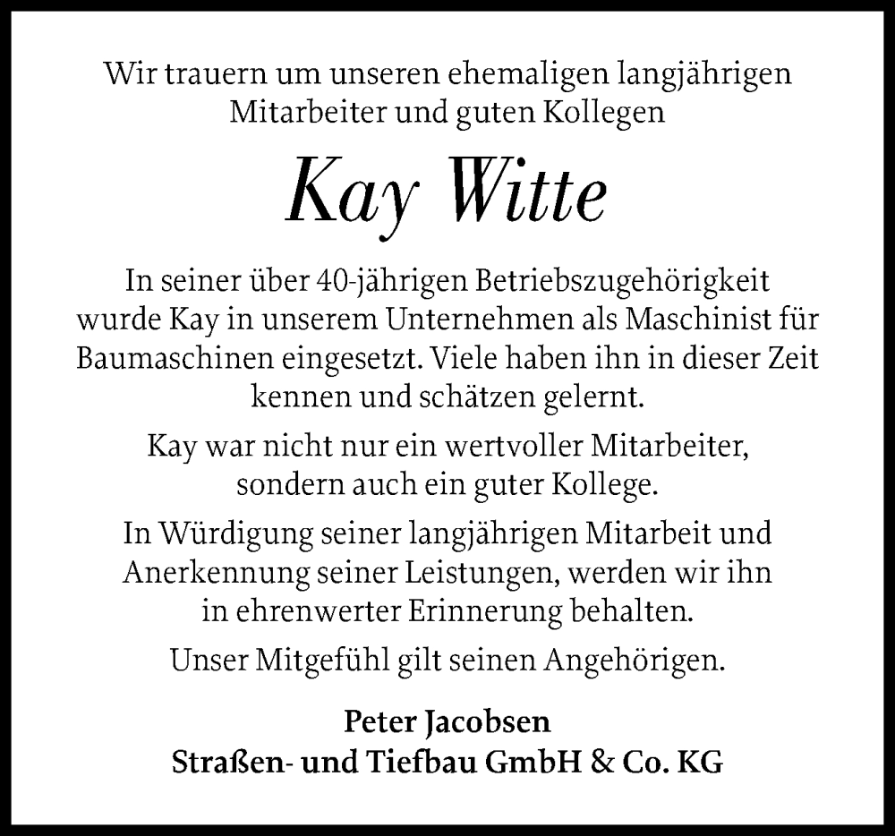  Traueranzeige für Kay Witte vom 14.02.2026 aus Region Westküste