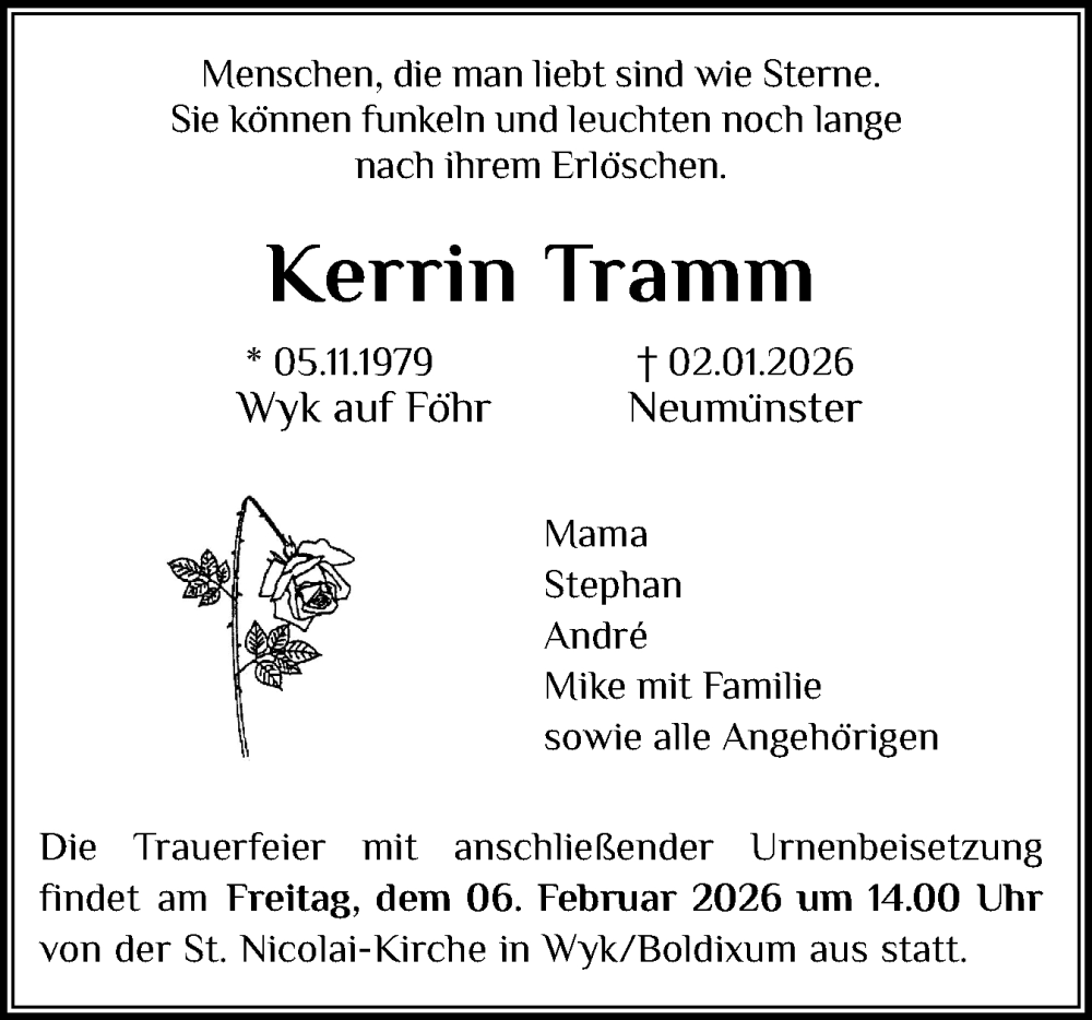  Traueranzeige für Kerrin Tramm vom 24.01.2026 aus Der Insel-Bote