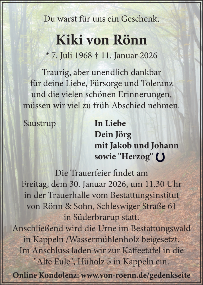  Traueranzeige für Kiki von Rönn vom 24.01.2026 aus Flensburger Tageblatt, Schleswiger Nachrichten, Schlei-Bote