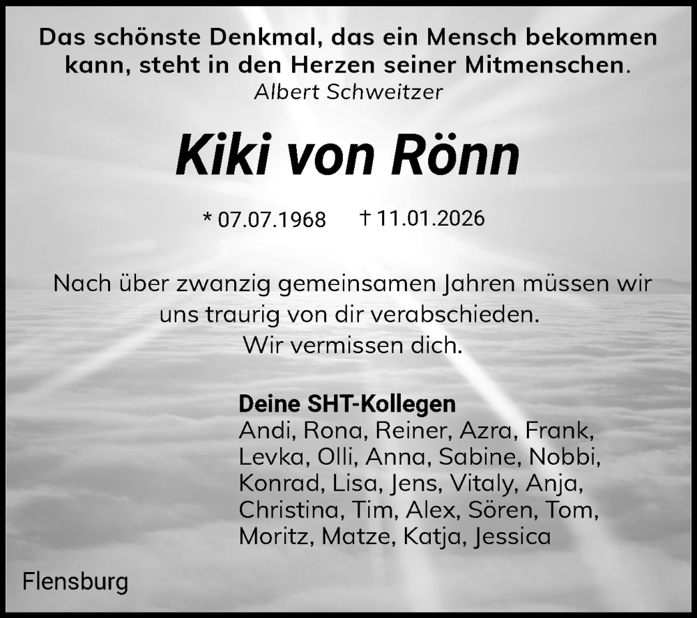  Traueranzeige für Kiki von Rönn vom 24.01.2026 aus Region Flensburg
