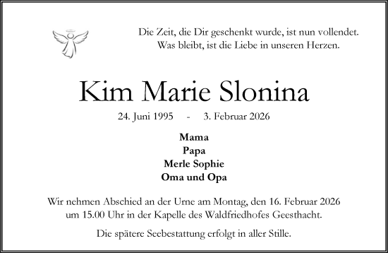 Traueranzeige von Kim Marie Slonina von Wochenend Anzeiger