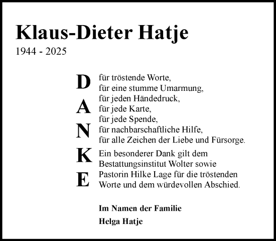 Traueranzeige von Klaus-Dieter Hatje von MARKT Ratzeburg/Mölln