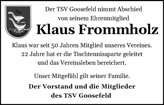 Traueranzeige von Klaus Frommholz von Eckernförder Zeitung, Hallo Eckernförde