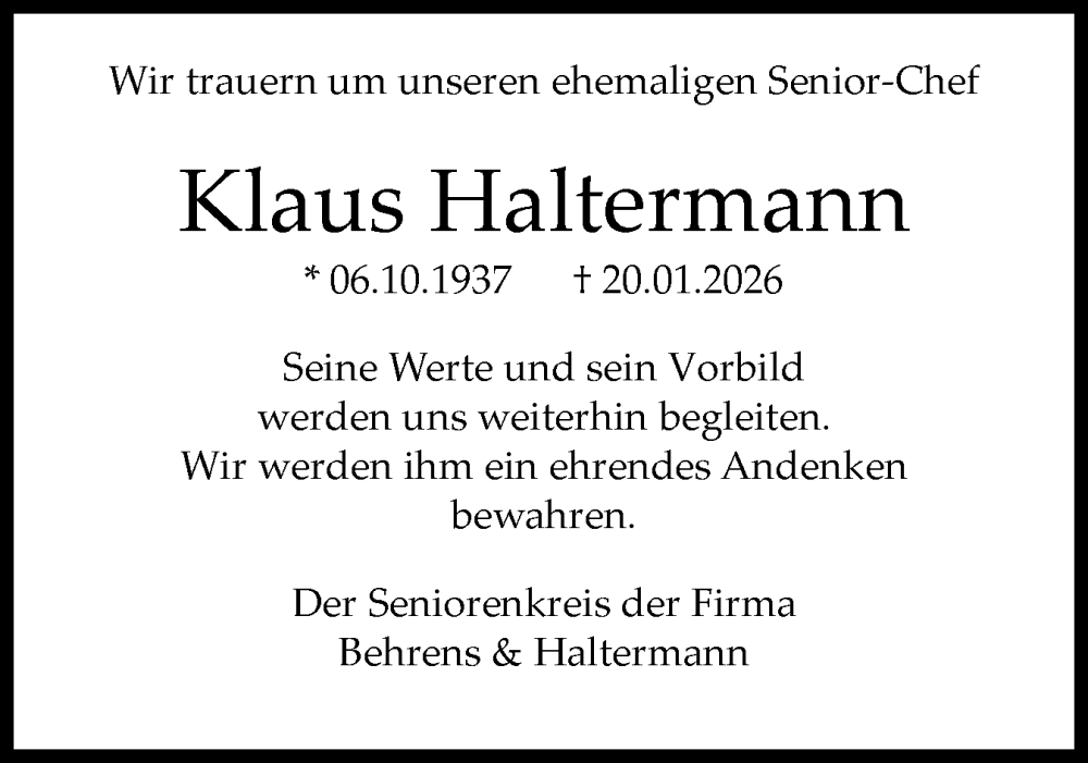  Traueranzeige für Klaus Haltermann vom 24.01.2026 aus Norddeutsche Rundschau, Wilstersche Zeitung, Glückstädter Fortuna