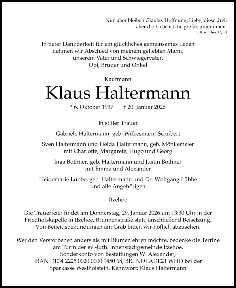  Traueranzeige für Klaus Haltermann vom 24.01.2026 aus Norddeutsche Rundschau, Wilstersche Zeitung, Glückstädter Fortuna