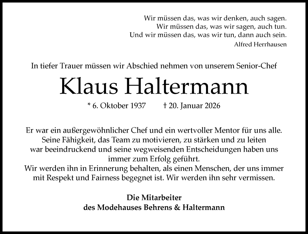  Traueranzeige für Klaus Haltermann vom 24.01.2026 aus Norddeutsche Rundschau, Wilstersche Zeitung, Glückstädter Fortuna