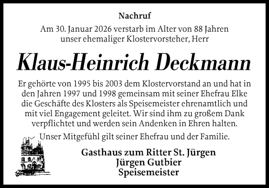 Traueranzeige von Klaus-Heinrich Deckmann von Husumer Nachrichten, Nordfriesland Tageblatt