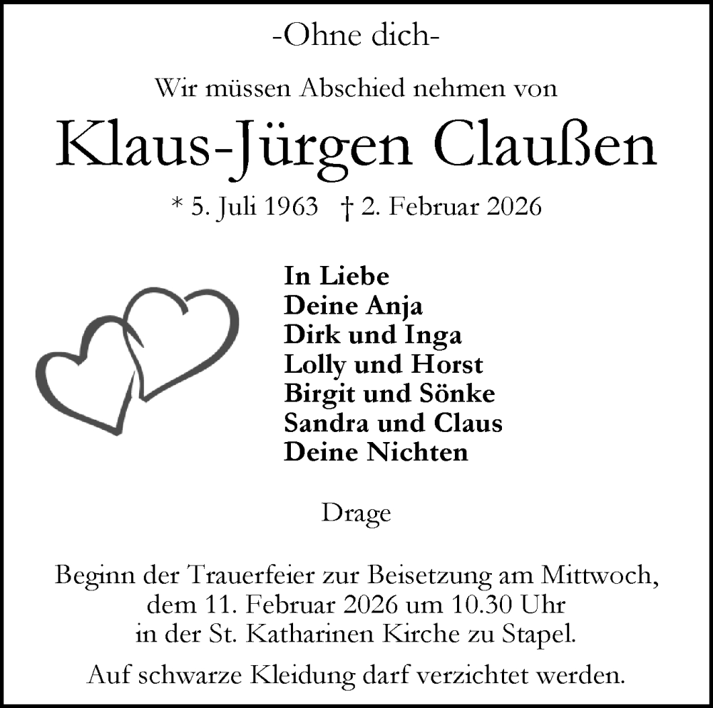  Traueranzeige für Klaus-Jürgen Claußen vom 07.02.2026 aus Husumer Nachrichten, Nordfriesland Tageblatt