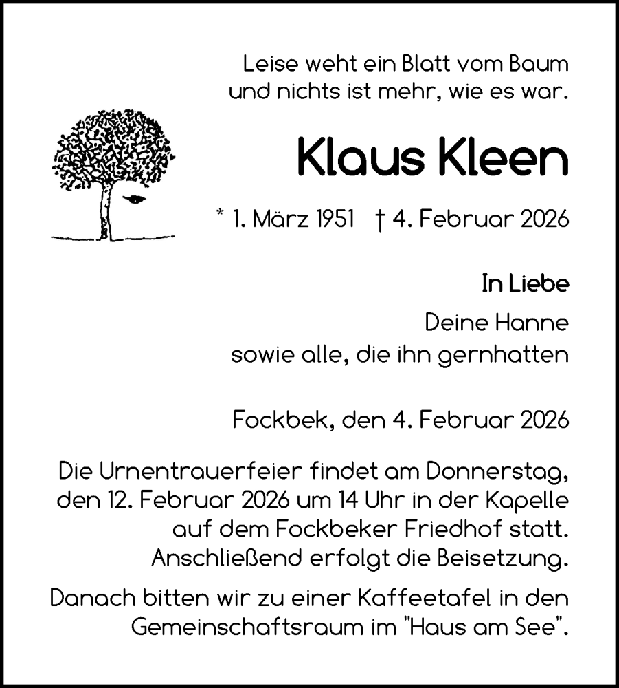  Traueranzeige für Klaus Kleen vom 07.02.2026 aus Schleswig-Holsteinische Landeszeitung