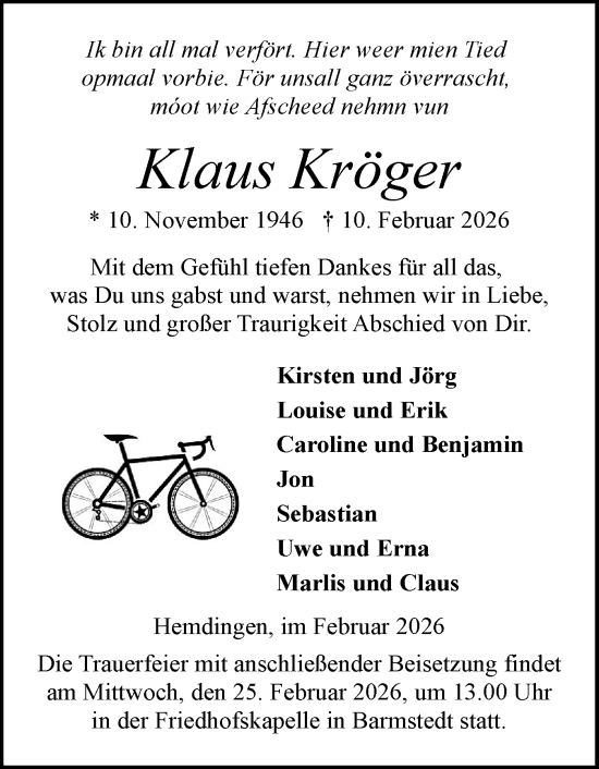 Traueranzeige von Klaus Kröger von Elmshorner Nachrichten, Barmstedter Zeitung