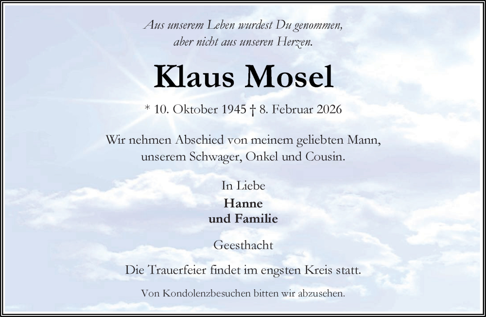 Traueranzeige für Klaus Mosel vom 21.02.2026 aus Wochenend Anzeiger
