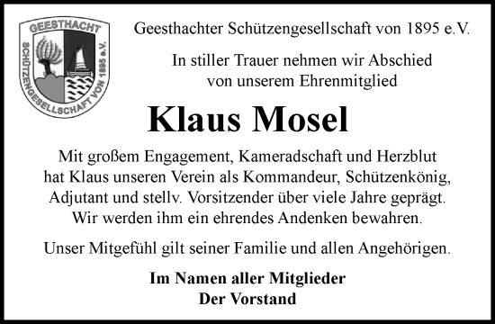 Traueranzeige von Klaus Mosel von Wochenend Anzeiger