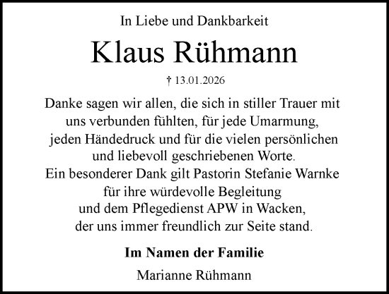 Traueranzeige von Klaus Rühmann von Norddeutsche Rundschau, Wilstersche Zeitung, Glückstädter Fortuna