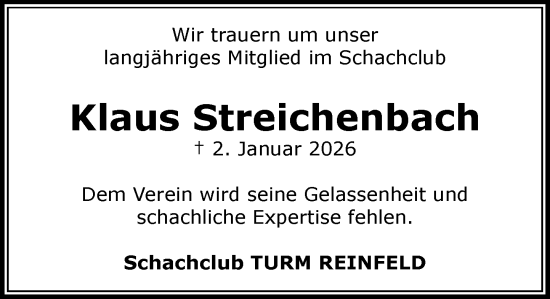 Traueranzeige von Klaus Streichenbach von MARKT Bad Oldesloe/Reinfeld und Stormarner Tageblatt