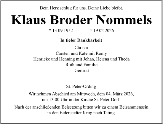 Traueranzeige von Klaus Broder Nommels von Husumer Nachrichten, Nordfriesland Tageblatt