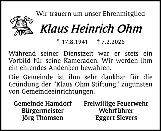 Traueranzeige von Klaus Heinrich Ohm von Schleswig-Holsteinische Landeszeitung