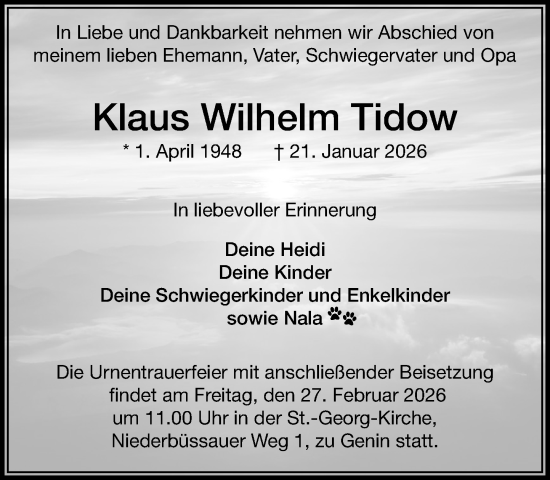 Traueranzeige von Klaus Wilhelm Tidow von MARKT Bad Oldesloe/Reinfeld und Stormarner Tageblatt