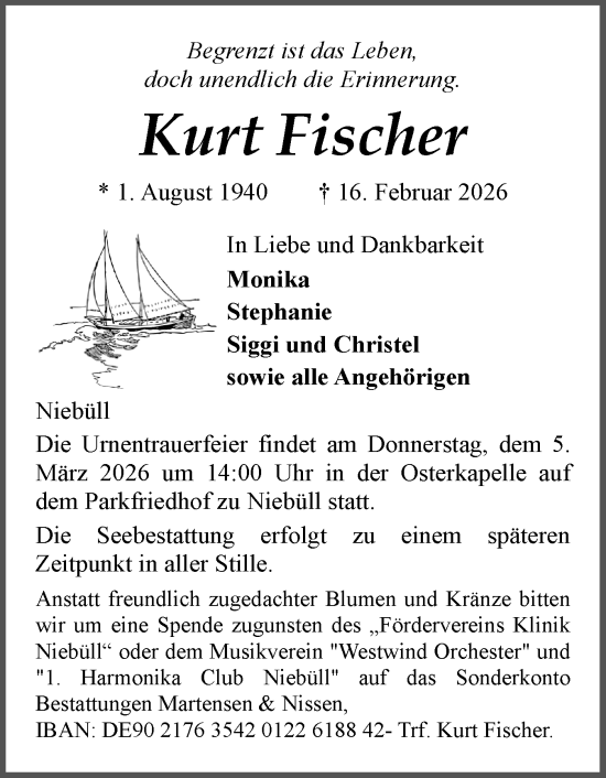 Traueranzeige von Kurt Fischer von Husumer Nachrichten, Nordfriesland Tageblatt