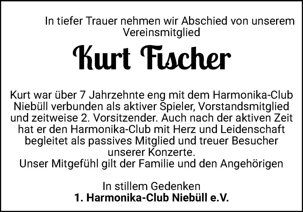  Traueranzeige für Kurt Fischer vom 27.02.2026 aus Husumer Nachrichten, Nordfriesland Tageblatt