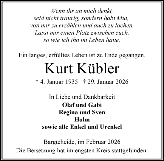 Traueranzeige von Kurt Kübler von MARKT Ahrensburg/Bargteheide/Trittau und Stormarner Tageblatt