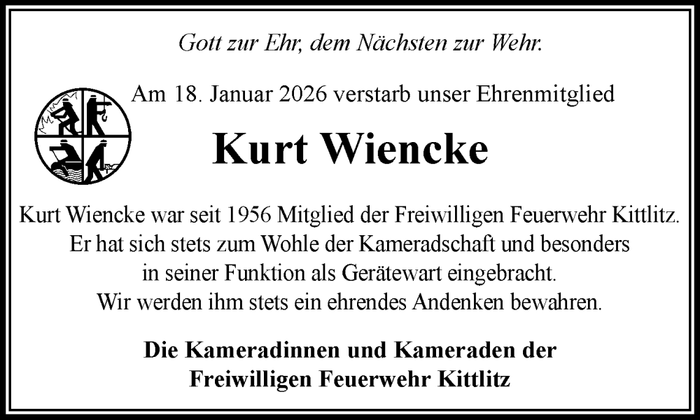  Traueranzeige für Kurt Wiencke vom 07.02.2026 aus MARKT Ratzeburg/Mölln