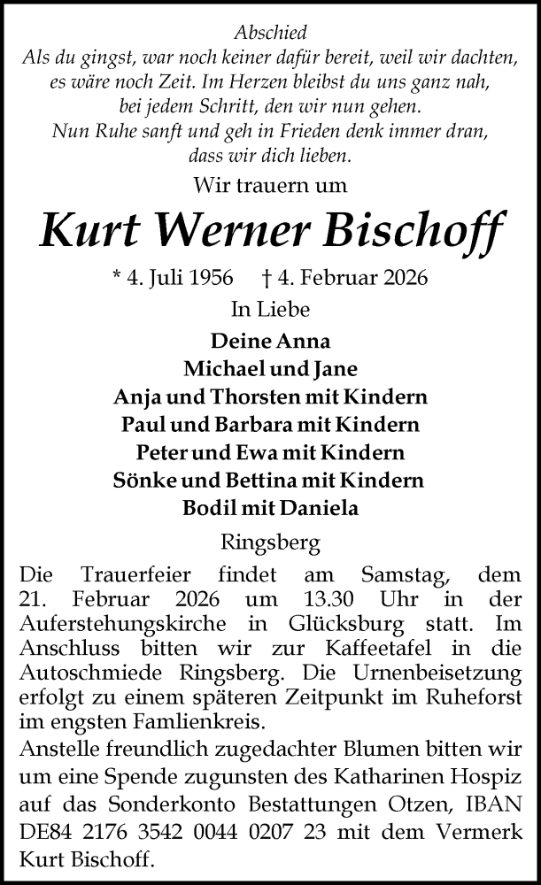  Traueranzeige für Kurt Werner Bischoff vom 14.02.2026 aus Flensburger Tageblatt