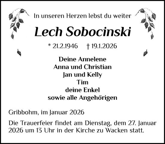 Traueranzeige von Lech Sobocinski von Norddeutsche Rundschau, Wilstersche Zeitung, Glückstädter Fortuna
