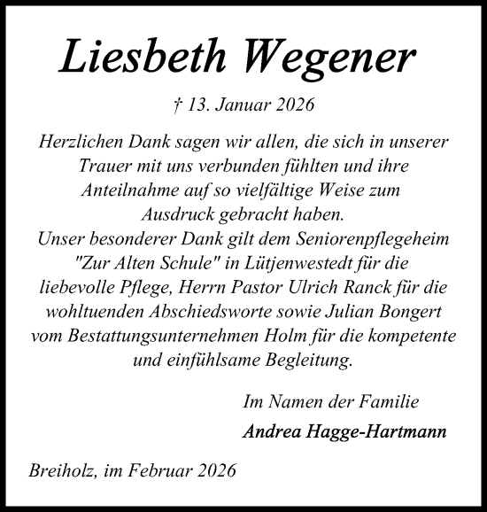 Traueranzeige von Liesbeth Wegener von Schleswig-Holsteinische Landeszeitung