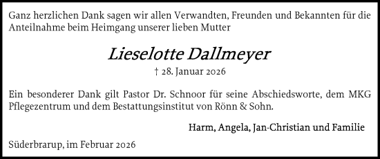 Traueranzeige von Lieselotte Dallmeyer von Schleswiger Nachrichten, Schlei-Bote