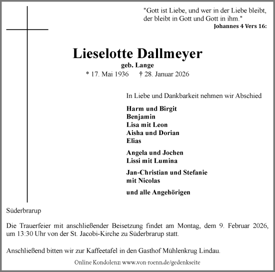Traueranzeige von Lieselotte Dallmeyer von Schleswiger Nachrichten, Schlei-Bote